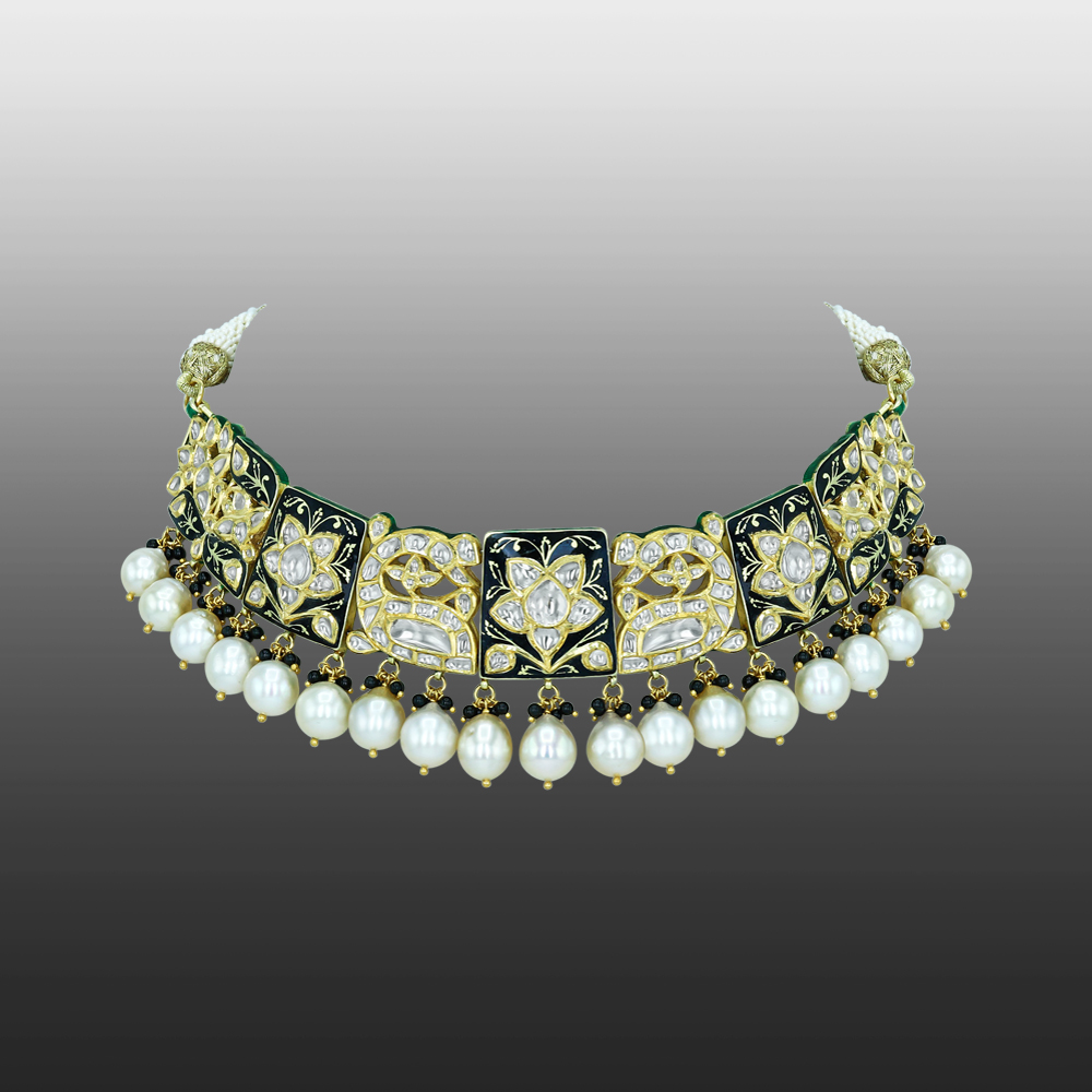 Polki Choker Necklace with Black Enamel and Pearls